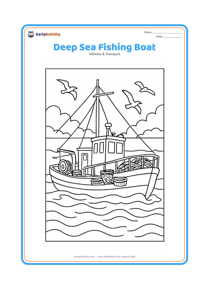 Colouring page: Draw a larger fishing vessel on the open sea with a cabin, railings, mast, coiled nets, baskets, a winch, and waves around the hull. Add flying seabirds and a cloudy horizon.