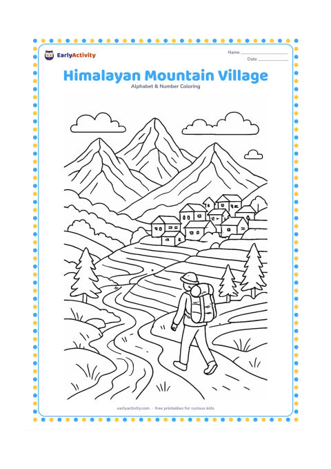Colouring page: Draw a broad Himalayan mountain scene with layered snowy peaks, a hillside village, terraced fields, a winding footpath, pine trees and a small stream. Include a person walking with a…