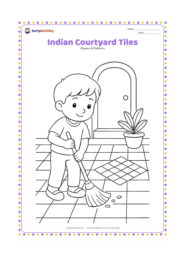 Colouring page: A child sweeps a courtyard paved with a repeating arrangement of square tiles, with a low doorway, a potted plant, and a simple rangoli made from square shapes. Do not include any writing.