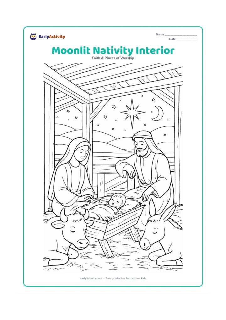 Colouring page: Show a detailed view inside the stable at night, with Mary seated beside the manger, Joseph leaning on a wooden post, and an ox and donkey resting nearby. Through the open wall, show a…