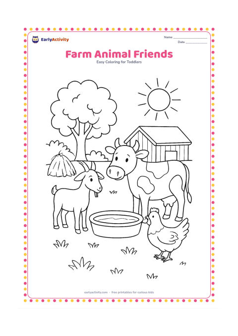 Colouring page: A cow, goat and hen gather peacefully around a shallow water trough in a sunny farmyard. Add a hay bundle, a leafy tree, a simple shed and a few broad patches of grass.