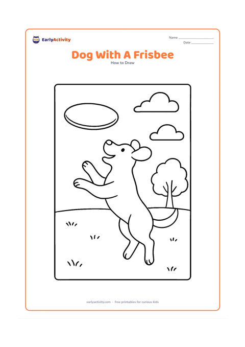 Worksheet: Show blank, unlabeled stages for a dog leaping to catch a large flying disc, with front paws raised, ears lifted and tail curved behind. Add a park lawn, one tree and a few clouds in the…