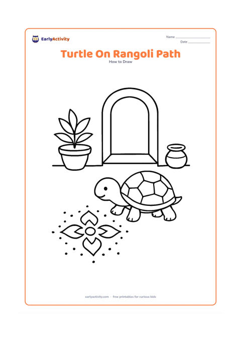 Worksheet: Draw a turtle crossing a courtyard beside a simple geometric rangoli made from dots and curved shapes. Add a low doorway, a potted plant and a small brass water pot in the background.