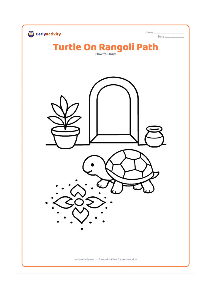 Worksheet: Draw a turtle crossing a courtyard beside a simple geometric rangoli made from dots and curved shapes. Add a low doorway, a potted plant and a small brass water pot in the background.