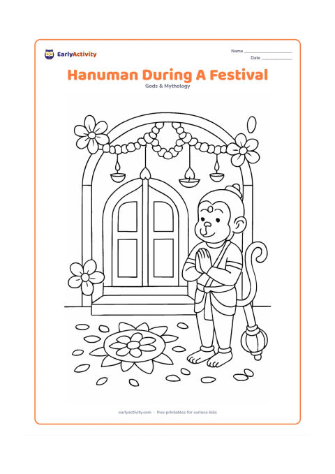 Colouring page: Hanuman stands respectfully beside a decorated home entrance during a family festival, with folded hands and his gada at his side. Include flower garlands, hanging diyas, rangoli shapes,…