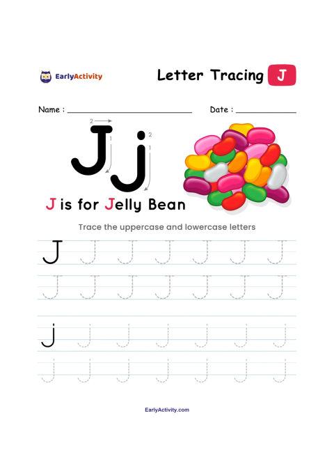 Letter tracing worksheet showing uppercase and lowercase J, the words “J is for Jelly Bean,” and rows of dotted letters to trace.