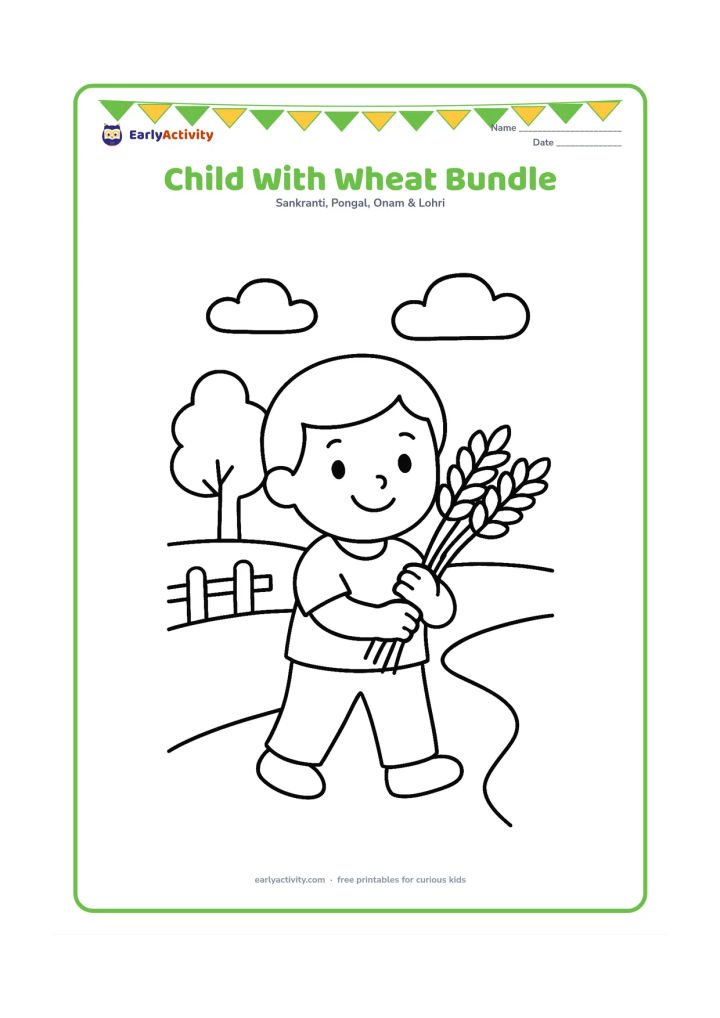 Colouring page: A smiling child carries a small bundle of wheat in both arms while standing on a village path. Add one simple tree, a low field fence and two puffy clouds.