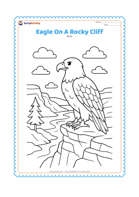 Colouring page: Draw an eagle standing on a rocky cliff edge and looking across a valley. Include layered rock faces, a winding stream far below, a pine tree and several clouds.