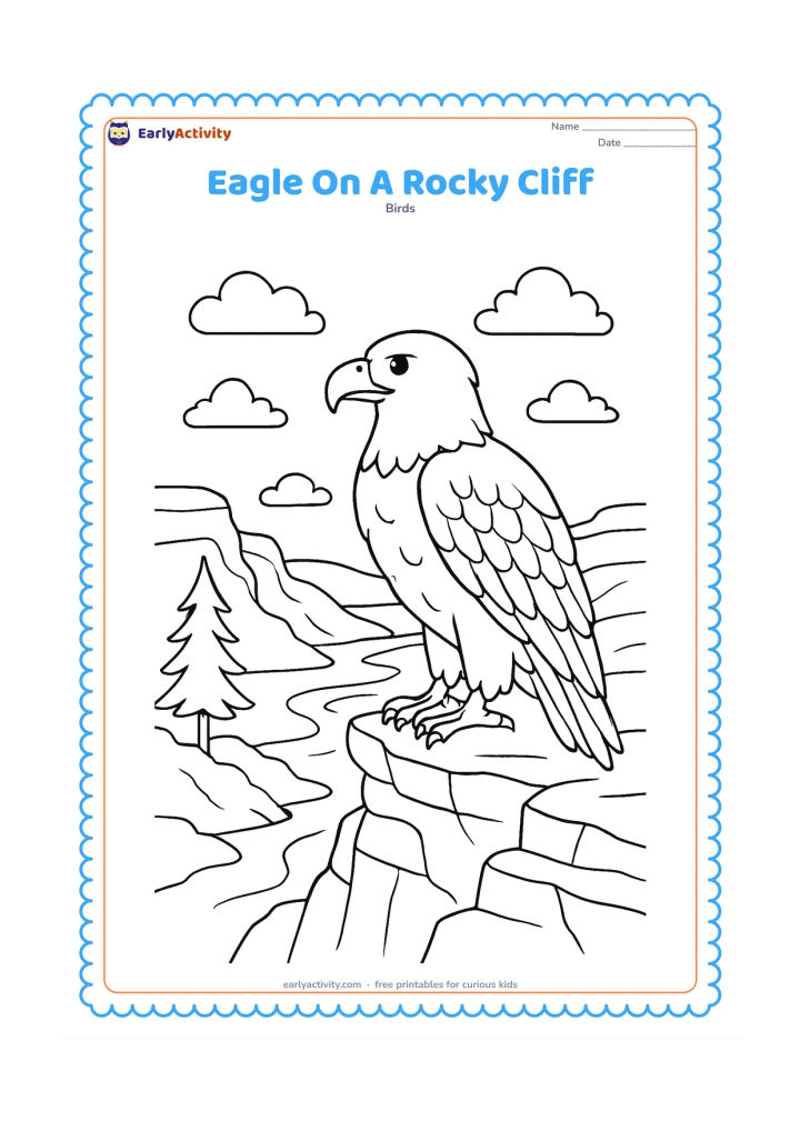 Colouring page: Draw an eagle standing on a rocky cliff edge and looking across a valley. Include layered rock faces, a winding stream far below, a pine tree and several clouds.