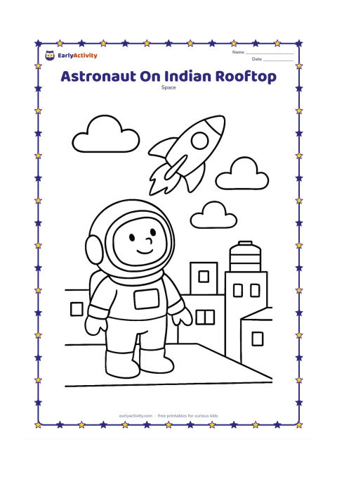 Colouring page: Draw a friendly astronaut standing on a safe flat rooftop in an Indian neighbourhood, looking up at a rocket-shaped spacecraft in the sky. Include simple water tanks, a few windows and…