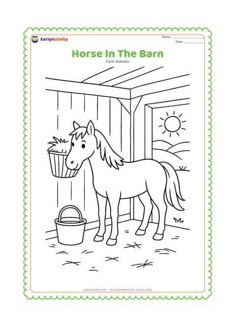 Colouring page: A horse stands in a barn stall with a hay rack, a water bucket and an open door showing a sunny field outside. Include simple beams and a few loose hay pieces.