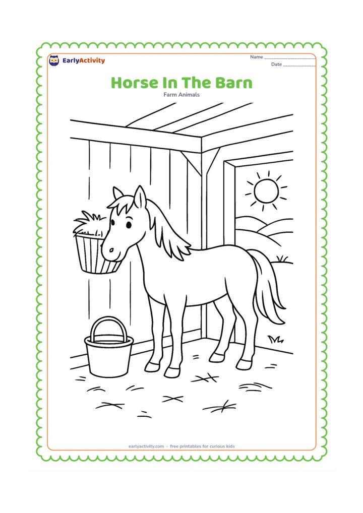 Colouring page: A horse stands in a barn stall with a hay rack, a water bucket and an open door showing a sunny field outside. Include simple beams and a few loose hay pieces.