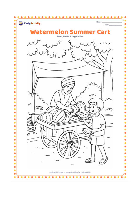 Colouring page: An Indian summer street scene with a vendor arranging whole watermelons and cut slices on a handcart, a child choosing a slice, a bicycle, shade cloth, and leafy trees.