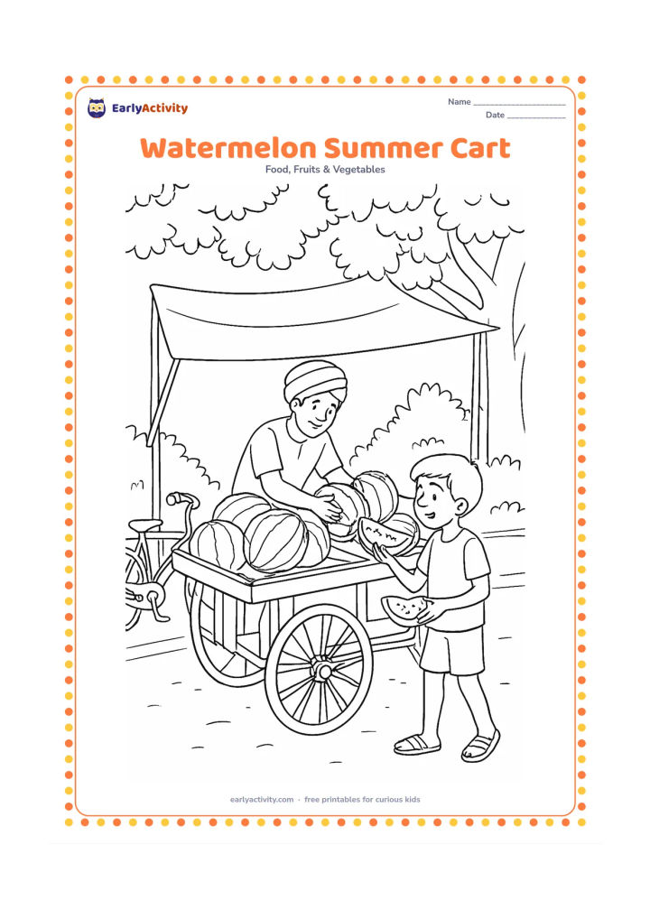 Colouring page: An Indian summer street scene with a vendor arranging whole watermelons and cut slices on a handcart, a child choosing a slice, a bicycle, shade cloth, and leafy trees.