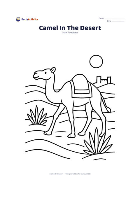 Worksheet: Draw a camel walking across Indian desert dunes with a simple saddle blanket, a curved neck and a long tail. Add two large desert plants, a distant fort-like silhouette and a low evening…