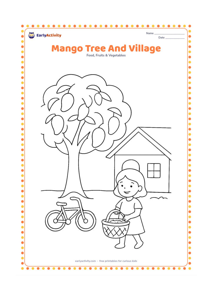 Colouring page: Draw a broad mango tree beside a simple Indian village home, with a few mangoes, a bicycle and a child carrying a basket in the foreground.