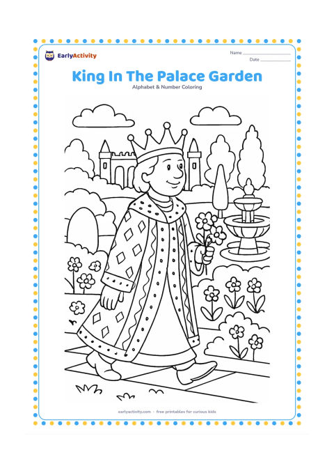 Colouring page: A friendly king walks through a palace garden with a crown and a patterned robe, carrying a small bouquet. Surround him with shaped hedges, fountains, flowers and distant palace arches.