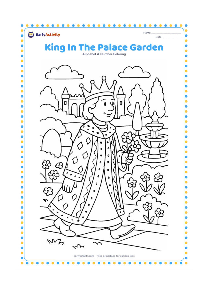 Colouring page: A friendly king walks through a palace garden with a crown and a patterned robe, carrying a small bouquet. Surround him with shaped hedges, fountains, flowers and distant palace arches.