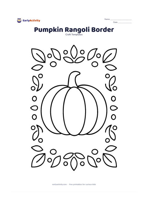 Worksheet: A large central pumpkin is surrounded by a simple symmetrical border of leaves, dots, and curved petals inspired by Indian floor decorations. Keep the pumpkin and each border motif…