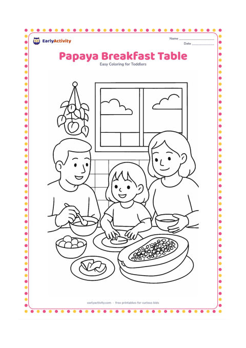 Colouring page: Draw a family breakfast scene with a large cut papaya on a serving plate, smaller fruit pieces, bowls and a child reaching for a slice. Include a kitchen window, a hanging plant and a…