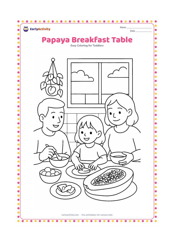 Colouring page: Draw a family breakfast scene with a large cut papaya on a serving plate, smaller fruit pieces, bowls and a child reaching for a slice. Include a kitchen window, a hanging plant and a…