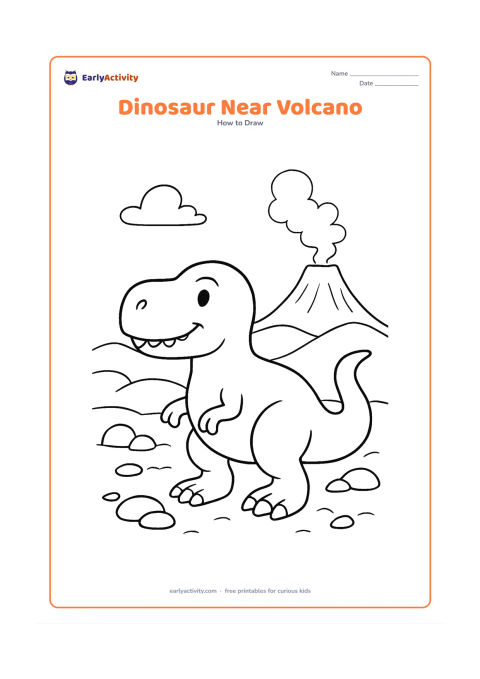 Worksheet: Show a gentle sharp-toothed dinosaur with a smiling expression looking toward a distant volcano, built from a large body, powerful legs, curved tail, and small rounded teeth. Add…