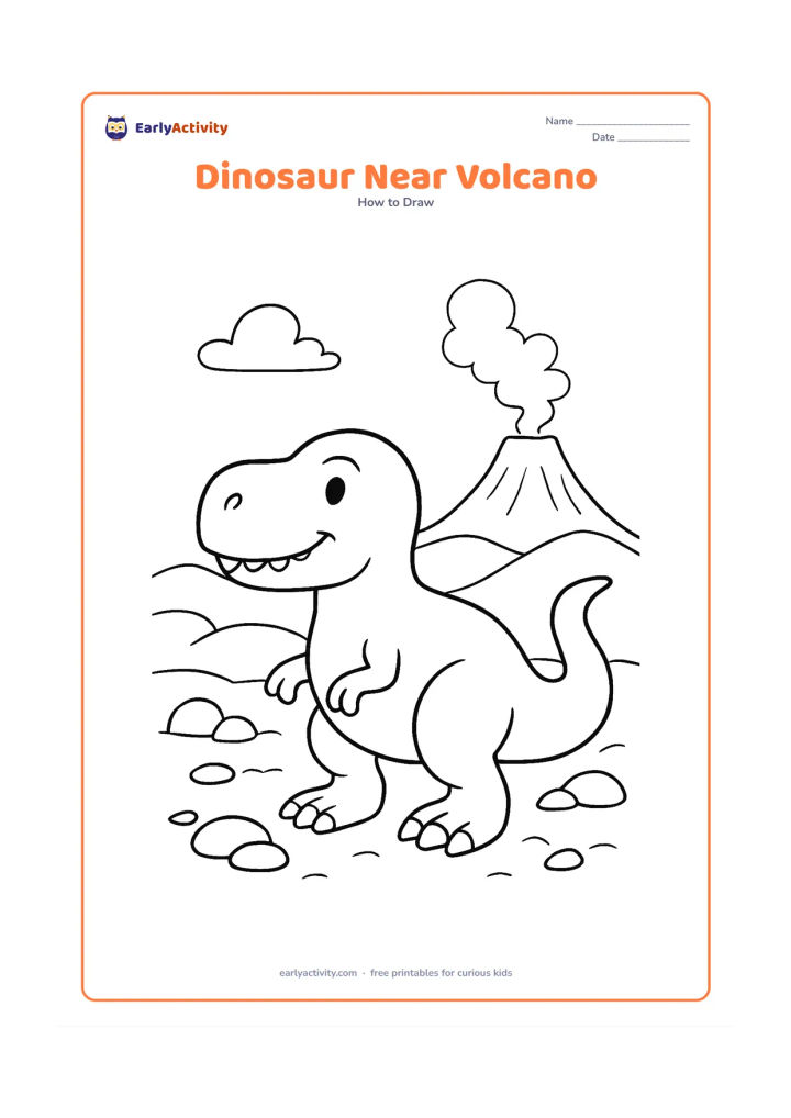 Worksheet: Show a gentle sharp-toothed dinosaur with a smiling expression looking toward a distant volcano, built from a large body, powerful legs, curved tail, and small rounded teeth. Add…