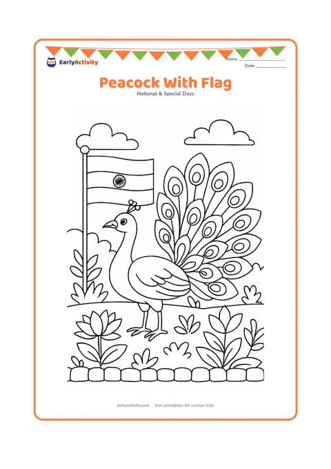 Colouring page: Draw an Indian peacock standing beside a small Indian flag in a garden, with its tail partly fanned. Add lotus flowers, leafy plants and a low stone border around the garden.