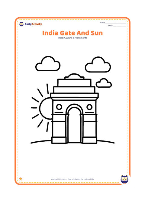 Colouring page: Draw India Gate in the centre with a large rising sun behind one side and a few soft cloud shapes. Leave broad open areas for easy colouring.