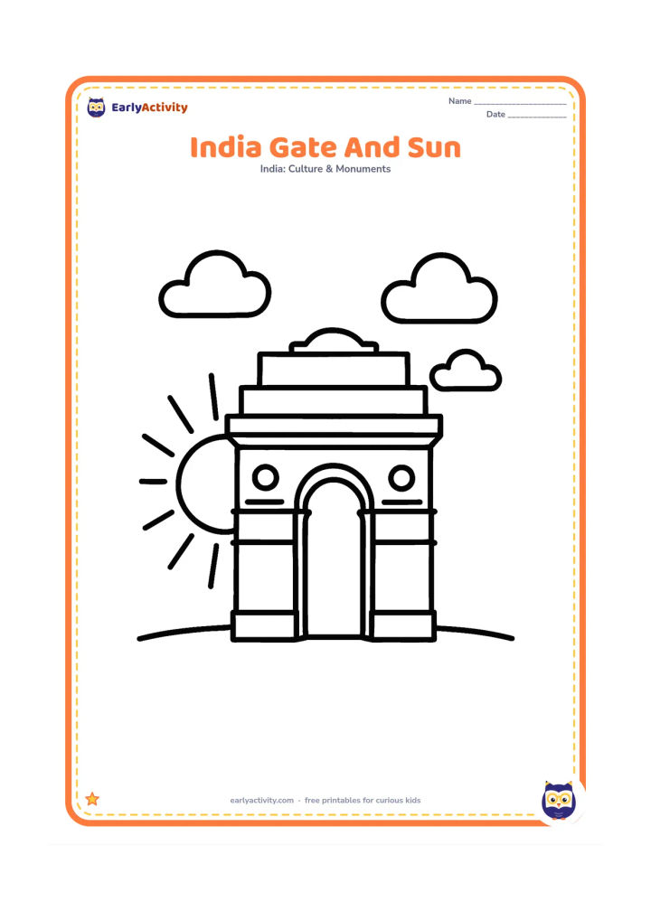 Colouring page: Draw India Gate in the centre with a large rising sun behind one side and a few soft cloud shapes. Leave broad open areas for easy colouring.