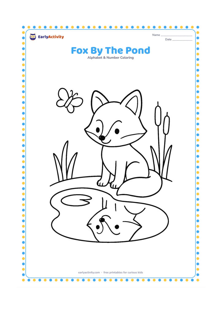 Colouring page: Draw a friendly fox sitting beside a small pond with two lily pads, three reeds and one butterfly. Show the fox looking at its reflection.