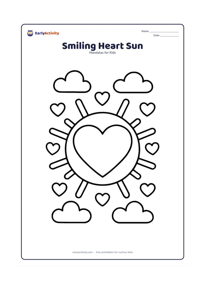 Colouring page: Draw a circular heart mandala with a large central heart surrounded by simple sun rays, clouds, and small rounded hearts. Arrange the rays evenly so the design remains clearly radial.