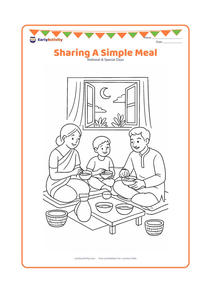 Colouring page: Show an Indian family sitting together on floor mats, sharing a simple meal from plain bowls in a bright home. Include a low table, a water jug, woven baskets, an open window with plants…