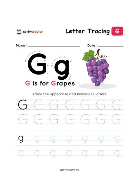 Tracing worksheet with uppercase and lowercase G examples, dotted letter rows, and a bunch of grapes.