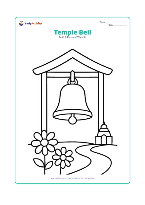 Colouring page: A large temple bell hanging from a simple wooden beam beneath a small roof, with a low temple tower visible behind it. Place two large flowers and a curved pathway at the bottom.