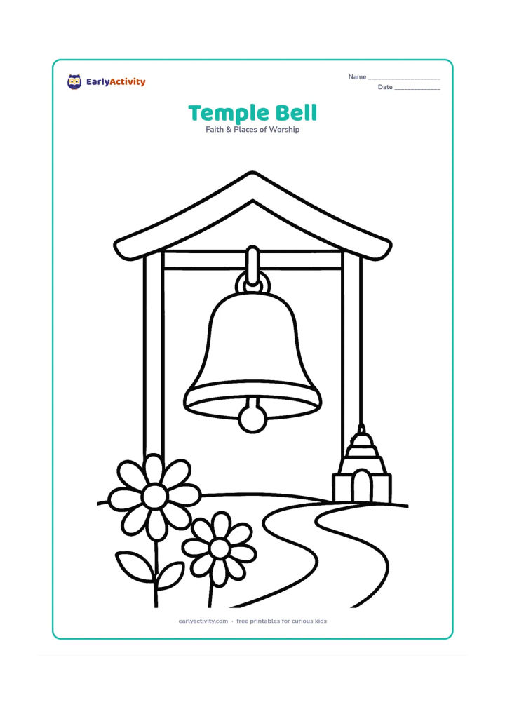 Colouring page: A large temple bell hanging from a simple wooden beam beneath a small roof, with a low temple tower visible behind it. Place two large flowers and a curved pathway at the bottom.