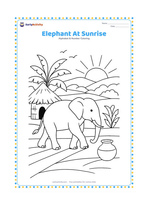 Colouring page: Draw an elephant walking through an Indian village landscape at sunrise, with a thatched hut, banana plants, a water pot and distant hills. Show long morning shadows and birds in the sky.
