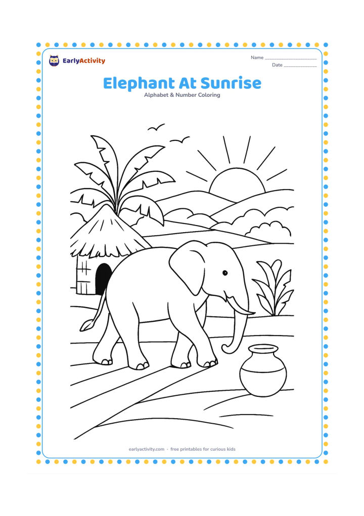Colouring page: Draw an elephant walking through an Indian village landscape at sunrise, with a thatched hut, banana plants, a water pot and distant hills. Show long morning shadows and birds in the sky.