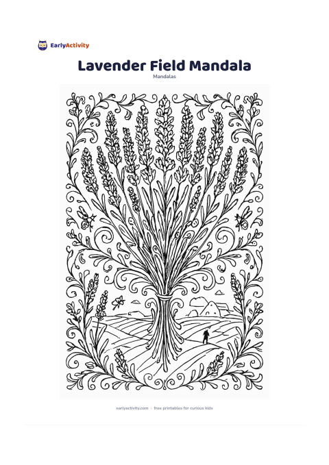 Colouring page: Construct a mandala from tall lavender stems, clustered florets, narrow leaves and curling ornamental vines, with a large central bouquet. Surround it with gently curving field rows, a…