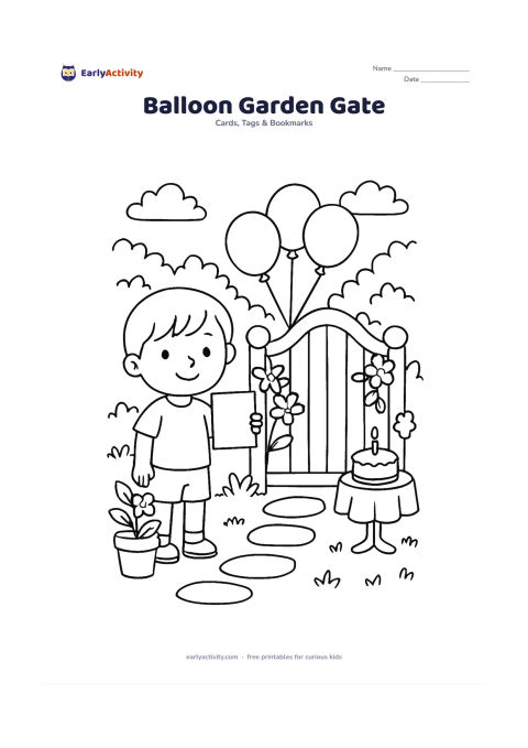 Worksheet: Show a child standing beside a garden gate decorated with balloons and flowers while holding a blank birthday card. Add stepping stones, potted plants and a small table with a cake in…