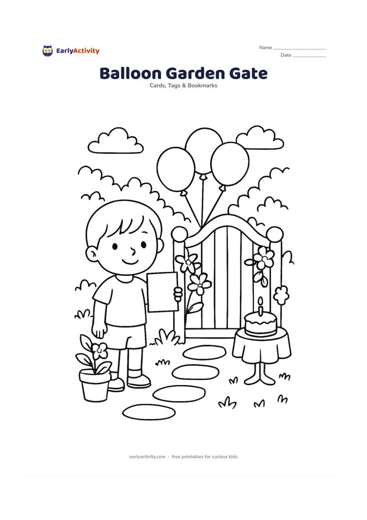 Worksheet: Show a child standing beside a garden gate decorated with balloons and flowers while holding a blank birthday card. Add stepping stones, potted plants and a small table with a cake in…