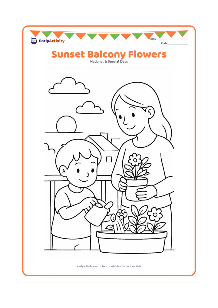Colouring page: A child and mother water balcony plants together at sunset, with the child holding a small watering can and the mother holding a flower pot. Show railing lines, distant rooftops, clouds…