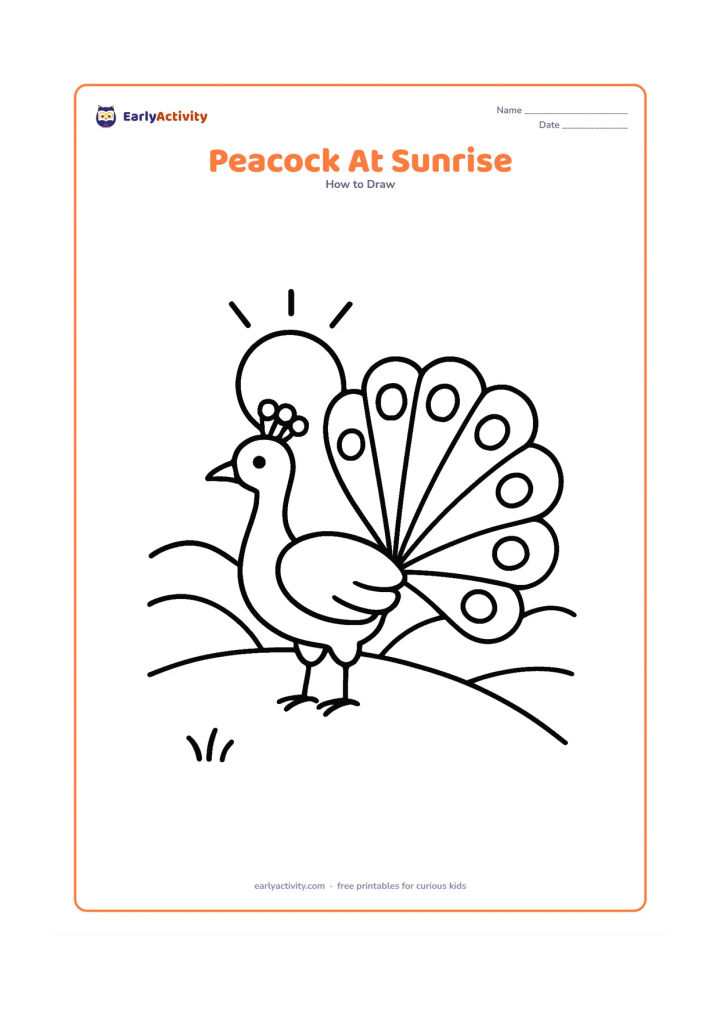 Worksheet: A side-view peacock stands on a low hill with a round sun behind its open tail. Add three simple rays, two distant hills and a short line of grass.