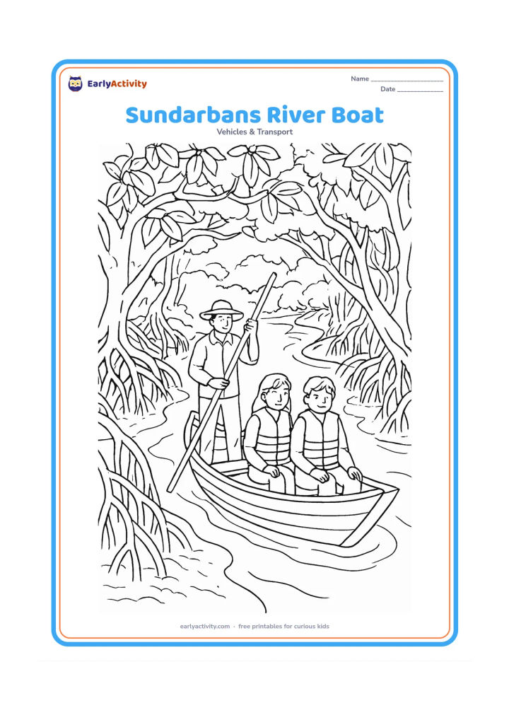 Colouring page: Draw a narrow wooden boat travelling through a winding Sundarbans mangrove river, with a guide using a pole and two passengers wearing life jackets. Add tangled mangrove roots, broad…
