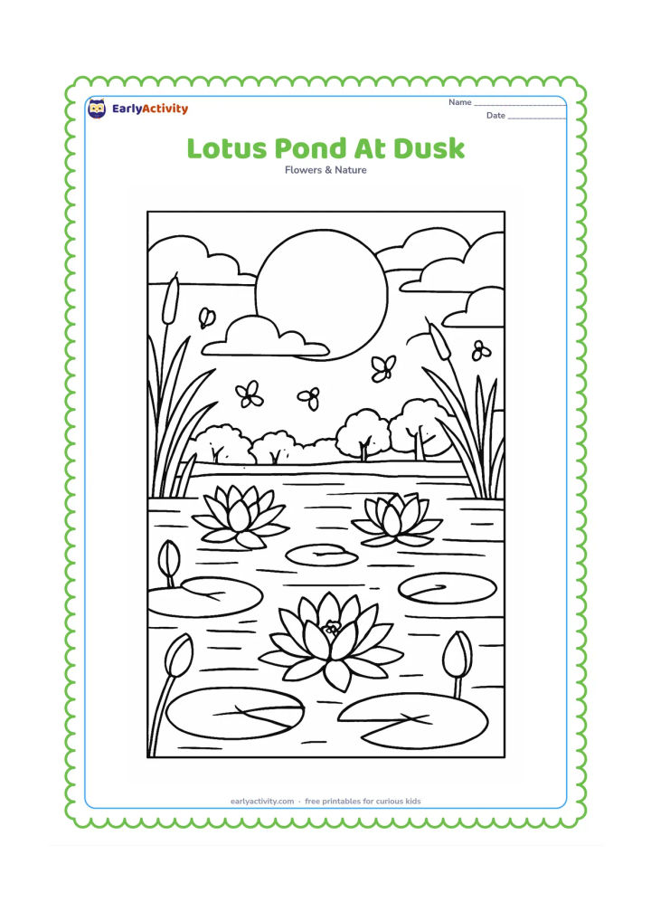 Colouring page: Draw a twilight pond filled with lotus flowers and leaves, with a large moon, layered clouds, reeds, fireflies and mirrored reflections on the water. Include a quiet tree-lined bank in…