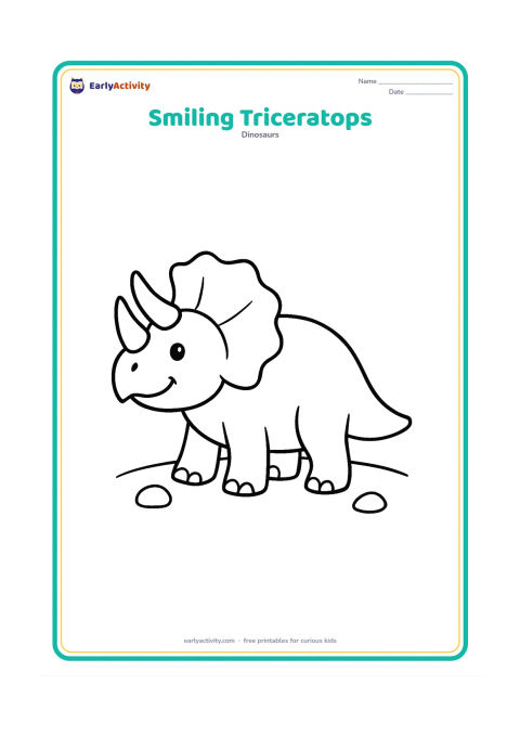 Colouring page: Draw a happy Triceratops standing in side view with its three horns and large frill clearly visible. Add only two small stones and a curved ground line.