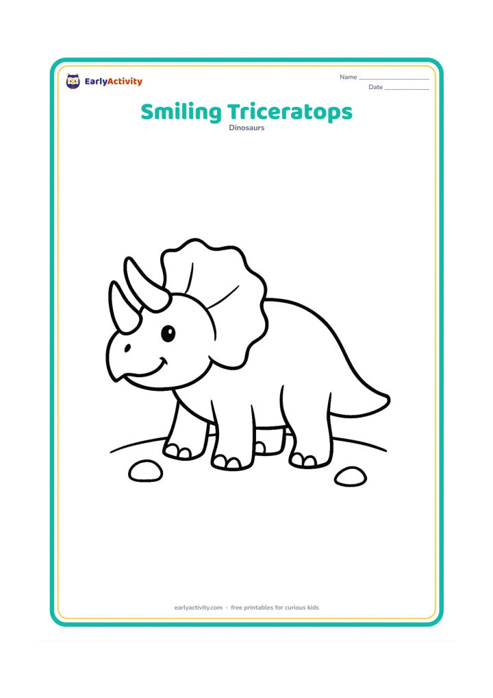Colouring page: Draw a happy Triceratops standing in side view with its three horns and large frill clearly visible. Add only two small stones and a curved ground line.