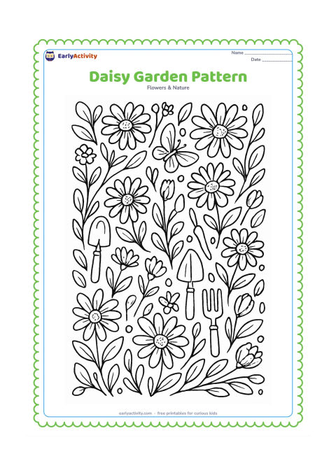 Colouring page: Draw a repeating all-over pattern of daisies, buds, leaves, stems, butterflies and small garden tools arranged in curved bands. Include both open and partly closed flowers with varied…