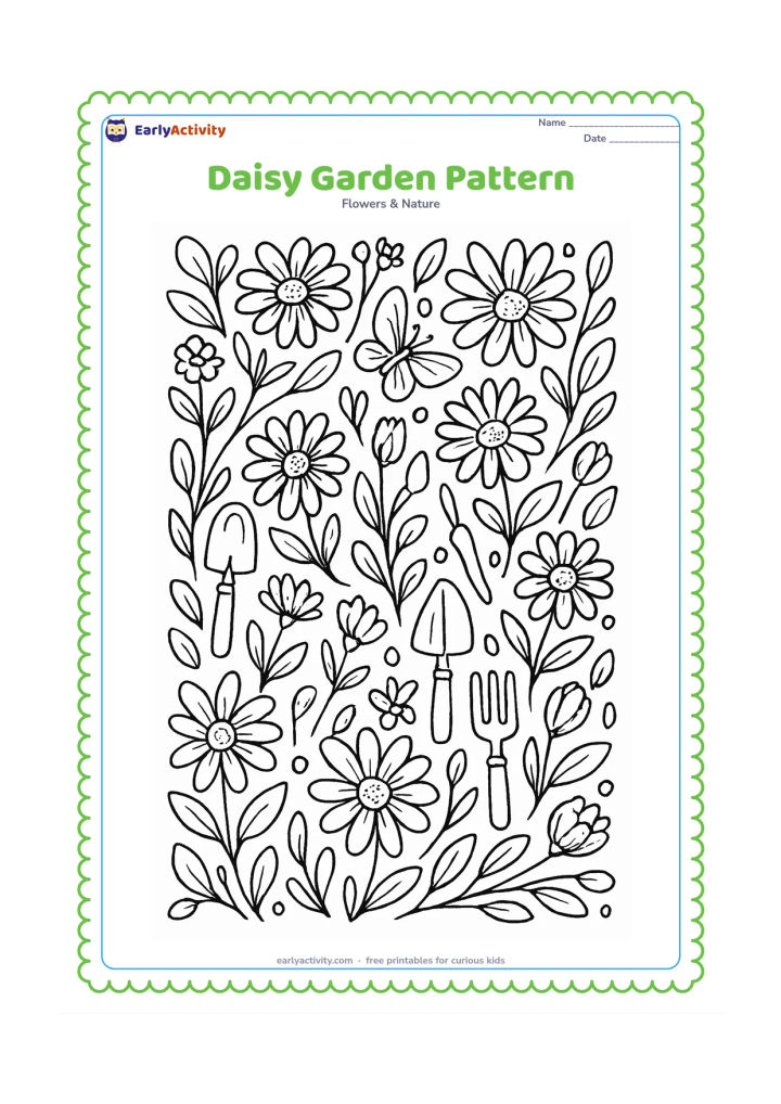 Colouring page: Draw a repeating all-over pattern of daisies, buds, leaves, stems, butterflies and small garden tools arranged in curved bands. Include both open and partly closed flowers with varied…