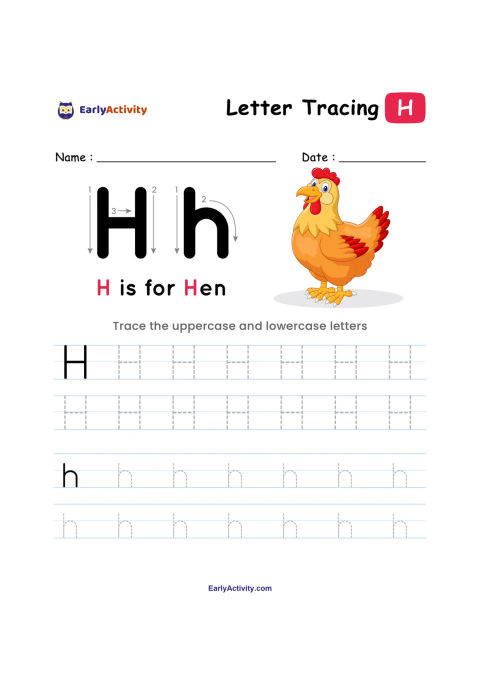 Letter tracing worksheet featuring uppercase and lowercase H, handwriting practice lines, and a hen illustration.